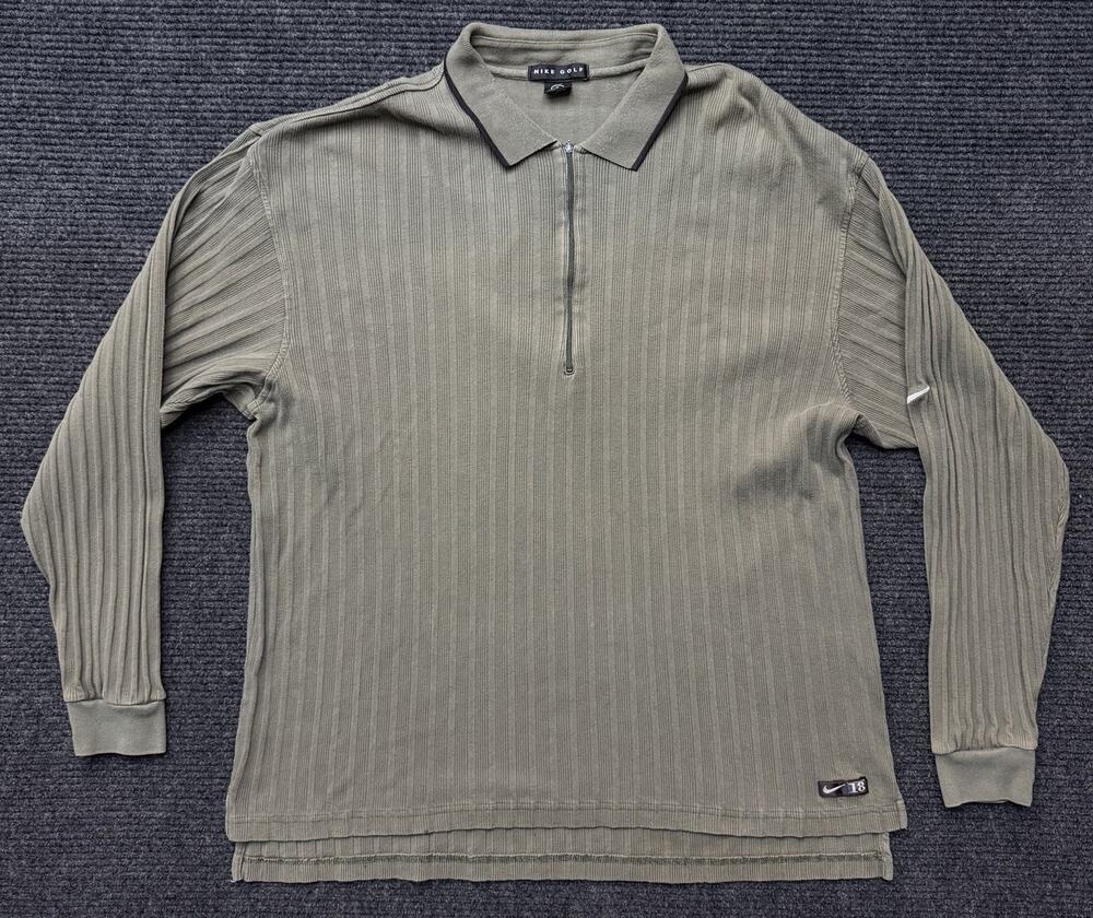 Vintage Nike Golf Polo Mens Large Olive Green Ribbed Long Sleeve 1/4 Zip Y2K